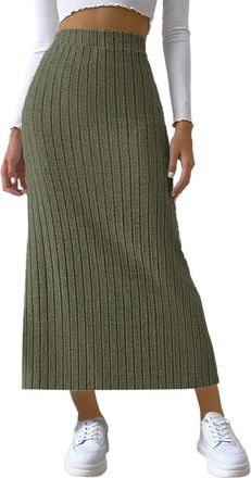 Generic Women Ribbed Maxi Skirts High Waist Stretch Long Knitted Skirt Fall Winter Elegant Slim Fitted Knit Half Dress(Army Green,L)