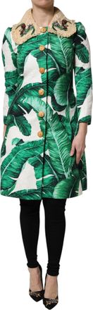 Dolce & Gabbana Womens Multicolor Leaf Print Embellished Trenchcoat Jacket Cotton Silk Viscose Clothing