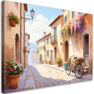 Feeby Cuadro En Lienzo, Pintoresca Calle Toscana Casa Flores, 100x70