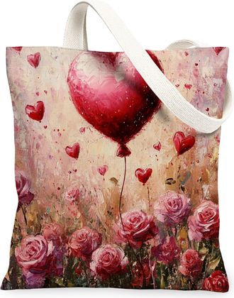 Generic Floral Canvas Tote Bags, Heart Balloon Rose Pattern Reusable Grocery Bags, Valentines Vintage Lightweight Washable Canvas for Shopping Travel 13x15 In