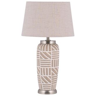 Beliani L&aacute;mpara De Mesita De Noche Cer&aacute;mica Beige Y Blanca 48 Cm Patr&oacute;n De Rayas Pantalla De Tambor Tradicional Traisen