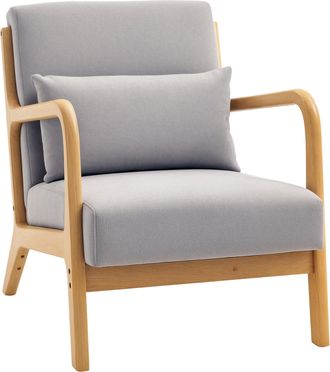 OEM Butaca N&oacute;rdica Sill&oacute;n De Sal&oacute;n Acolchado Con Reposabrazos Coj&iacute;n Y Marco De Madera De Caucho 61x78x76 Cm Gris