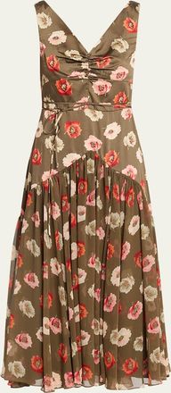 Cinq &agrave; Sept Makaila Floating Poppies Satin Midi Dress