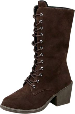 Generic Womens Mid-Calf Lace-Up Boots with Chunky Block Heel Pointed Toe Suede Combat Booties Elegant Stylish Casual Shoes For Women Autumn Winter size 5.5