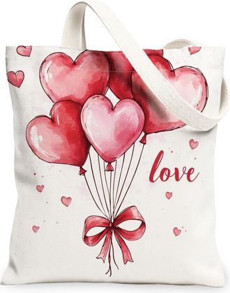 Generic Valentines Day Heart Balloon Canvas Tote Bags, Romantic Love Pattern Reusable Grocery Bags, Lightweight Washable Shoulder Strap Canvas for Shopping Tr