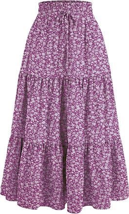 Generic Boho Midi Skirt Women Casual Boho Long Skirt Womens Maxi Skirts Floral Print Gypsy Skirts High Waist Elastic Waist Flowy Swing Skirt A-Line Skirts Tie