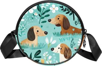 Generic Circle Crossbody Bag for Women, Cartoon Sausage Dog Flower Small Sling Bag Daypack with Zipper Adjustable Shoulder Straps Casual Ladies Girls Round Pu