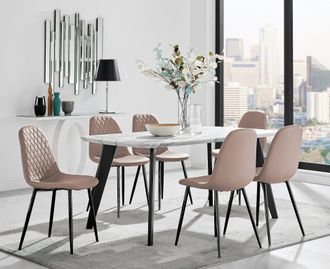 Furniturebox Andria White Marble Effect & Black Leg 6 Seater Dining Table & 6 Corona Faux Leather Chairs in Beige