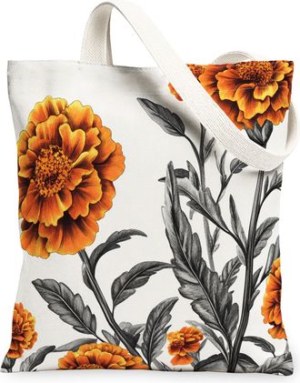 Generic Spring Marigolds Flower Canvas Tote Bag for Shopping 13x15, Simple Cute Florals Plant Reusable Grocery Print Bag for Women, Botanical Beach Aesthetic 