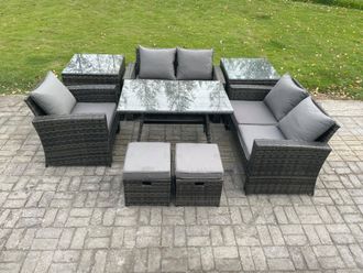 Fimous Garden Dining Set Wicker PE Rattan Outdoor Furniture Sofa with Rectangular Dining Table Double Seat Sofa 2 Side Tables 2 Small Footstools