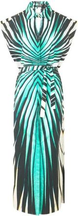 Roberto Cavalli Zeeprint Midi Overhemdjurk - Dames - Casual kleedjes - Blauw - M - Katoen - Kleedjes