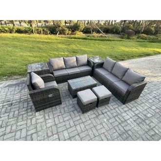 Fimous 9 Seater Rattan Lounge Sofa Set Outdoor Garden Furniture Set with Rectangular Coffee Table 3 Seater Sofa 2 Small Footstools Dark Grey Mixed - Fimous