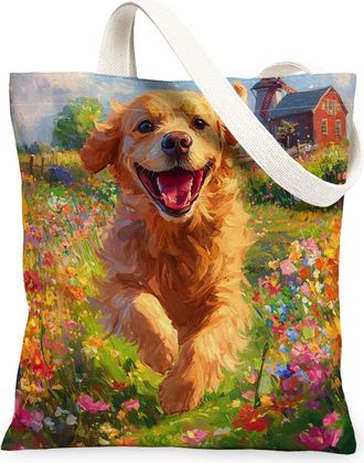 Generic Spring Golden Retriever Dog Canvas Tote Bag for Shopping 13x15, Country Garden Puppy Reusable Grocery Print Pattern Bag for Women, Fun Flower Pet Beac