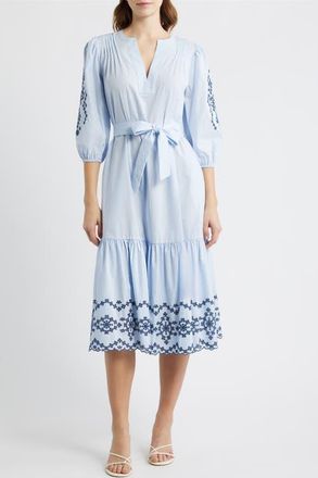 Rails Carmel Eyelet Embroidered Tie Belt Cotton Dress in Blue Bird at Nordstrom, Size Xx-Small