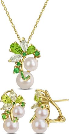 Delmar Semiprecious Stone & Cultured Pearl Pendant Necklace & Stud Earrings Set in Green at Nordstrom Rack