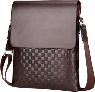 Generic Mens Leather Messenger Bag, Checkered Pattern, Brown Crossbody Shoulder Bag with Metal Hardware
