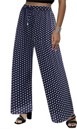 Generic Womens Wide Leg Polka Dot Detail Pleated Classy Casual Palazzo Trousers (as8, Alpha, s, m, Regular, Regular, Small Polka DOT Navy)
