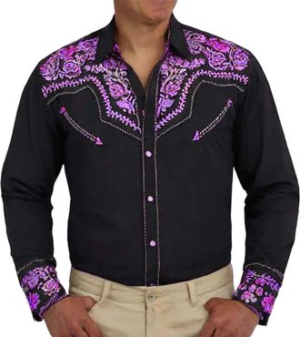 Generic Mens Retro Long Sleeve Shirts Western Embroidered Cowboy Shirts for Men Casual Button Down Long Sleeve Shirt Floral Embroidered Retro Shirt (Purple-2,