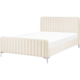 Beliani Velvet eu Double Size Bed Tufted Headboard 4ft6 Metal Legs Slatted Base Beige Lunan