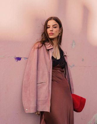 Topshop Womens co-ord premium real suede jacket with seam detail in pink - Size Small