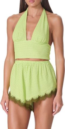 AFRM Sylas Plunge Halter Neck Crop Top in Lime Pin Dot at Nordstrom, Size X-Large