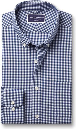 CHARLES TYRWHITT Non-Iron Stretch Poplin Check Cotton Shirt - Navy Size Large by Charles Tyrwhitt