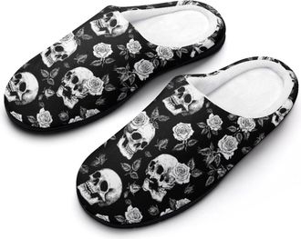 Generic Skulls And Roses Black White Mens House Slippers Memory Foam Washable Cotton Slip on Home Shoes