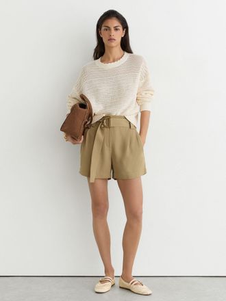 Reiss Neutral Twill Belted Relaxed Shorts, 10