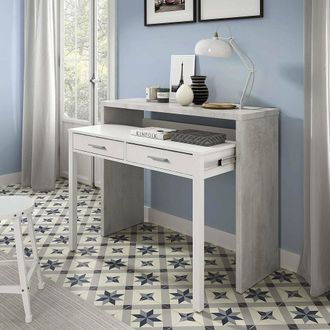 Dmora Dmora - Mesa Consola Damodi, Escritorio Con Tapa Extensible, Escritorio Para Pc Con 2 Cajones, 99x36h88 Cm, Cemento Y Blanco