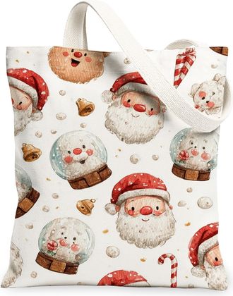 Generic Fanciful Canvas Tote Bags, Cute Santa Claus Pattern Reusable Grocery Bags, Festive Lightweight Washable Shoulder Strap Canvas for Shopping Holiday Tra