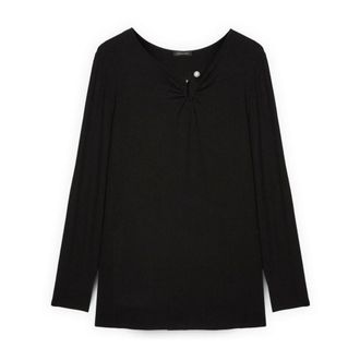 Fiorella Rubino Jersey T-shirt met halsdetail - Dames - Longsleeves - Zwart - L - Tops
