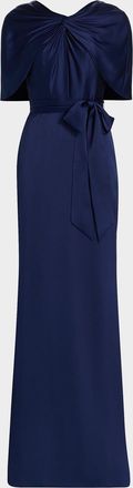 Badgley Mischka Hammered Satin Cape Sleeve Gown