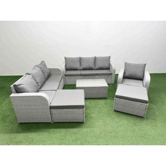 Fimous 9 Seater Poly Rattan Outdoor Garden Furniture Sofa Set Patio 3 Seater Sofa Reclining Chair 3 Seater Sofa 2 Big Footstools 2 Side Table Light Grey