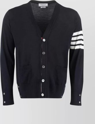 Thom Browne v-neck merino wool cardigan featuring pockets