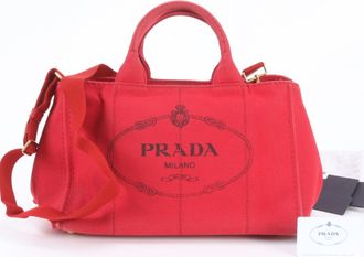 Prada Red Color Leather Canvas Shoulder Bag Tote Bag (Pre-Owned)