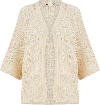 Yumi Ivory Crochet Edge to Edge 3/4 Sleeve Cardigan (UK, Alpha, S, Regular, Regular, Beige)
