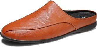 Generic Mens Loafers Breathable Brogue Shoes Backless Leather Flexible Flat Heel Slip Resistant Party Slip-ons(Brown,6.5 UK)