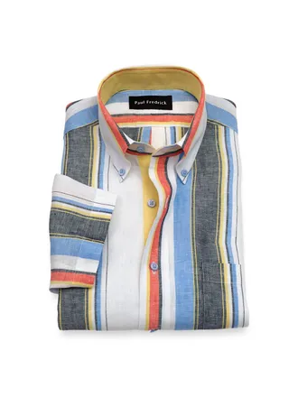 Paul Fredrick Tailored Fit Non-iron Linen Stripe Dress Shirt With Contrast Trim