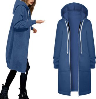 Generic Longline Hoodies For Women Uk Full Zip Up Thin Fleece Hoody Jackets With Pockets Plus Size Mid-length Hooded Sweahirts With Drawstring Hood Solid Warm