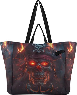Generic Pirate Skull Red print Reusable Canvas Tote Bag, Heavy Duty Grocery Shopping Bag with Hard Bottom Large Capacity Double Handles Work Groceries Travel