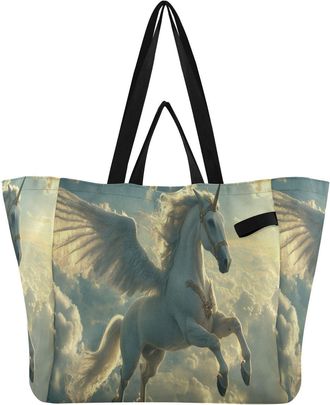 Generic White Horse Blue Wing Unicorn Sky Golden print Reusable Canvas Tote Bag, Heavy Duty Grocery Shopping Bag with Hard Bottom Double Handles Large Capacit