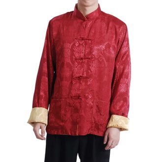 Generic Mens Tang Suit Jacket Dragon Chinese Traditional Frog Button Long Sleeve Stand Collar Coat Kung Fu Wing Chun Uniform (Red/Gold, XL)