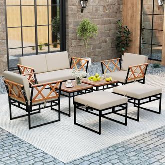 Costway Costway 7 Piece Outdoor Conversation Set Metal Sectional Sofa Set w/ Cushions in Beige