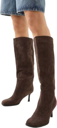 Misspap Faux Suede Square Toe Stiletto Heel Knee Boots, 4, Dark Brown