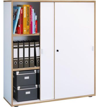 VCM Armadietto da ufficio con 3 scomparti moderno armadietto con porte scorrevoli Dimensioni ca. a. 110 x l. 100 x p. 37 cm- Salia 3 Vassoio (Bianco)