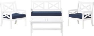 Beliani Conjunto De Jard&iacute;n Blanco De Madera De Acacia Con Cojines Azules 4 Plazas Con Mesa Baltic
