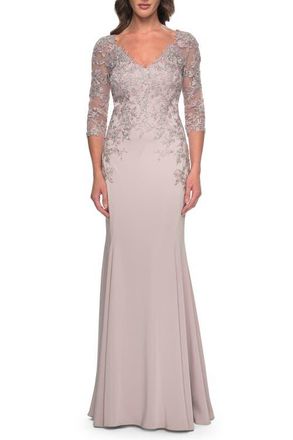 La Femme Fitted Long Satin Dress with Lace Bodice and Sleeves in Champagne at Nordstrom, Size 12