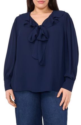 CeCe by Cynthia Steffe Ruffle Tie Neck Top in Classic Navy at Nordstrom, Size 3X