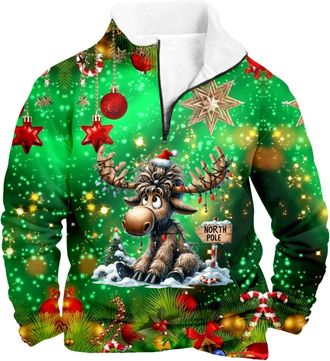 Generic Christmas Jumpers for Men Funny Reindeer Sweatshirt Fleece Lined Pullover 1/4 Zip Xmas Jumper 3D Printed Sweater Long Sleeve Casual Loose Sweatshirts