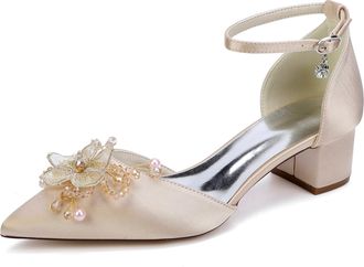 Generic Women Bridal Chunky Heels Dress Shoes Low Heels Wedding Ankle Strap Evening Pumps 4.5Cm,Champagne,10 UK